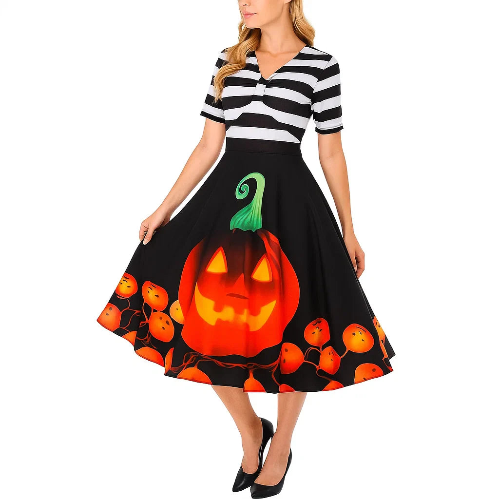 Gretel Streifen Midi Flare Kleid Halloween Kost m Vanea Barfussschuhe gretel-streifen-midi-flare-kleid-halloween-kost-m-vanea-barfussschuhe