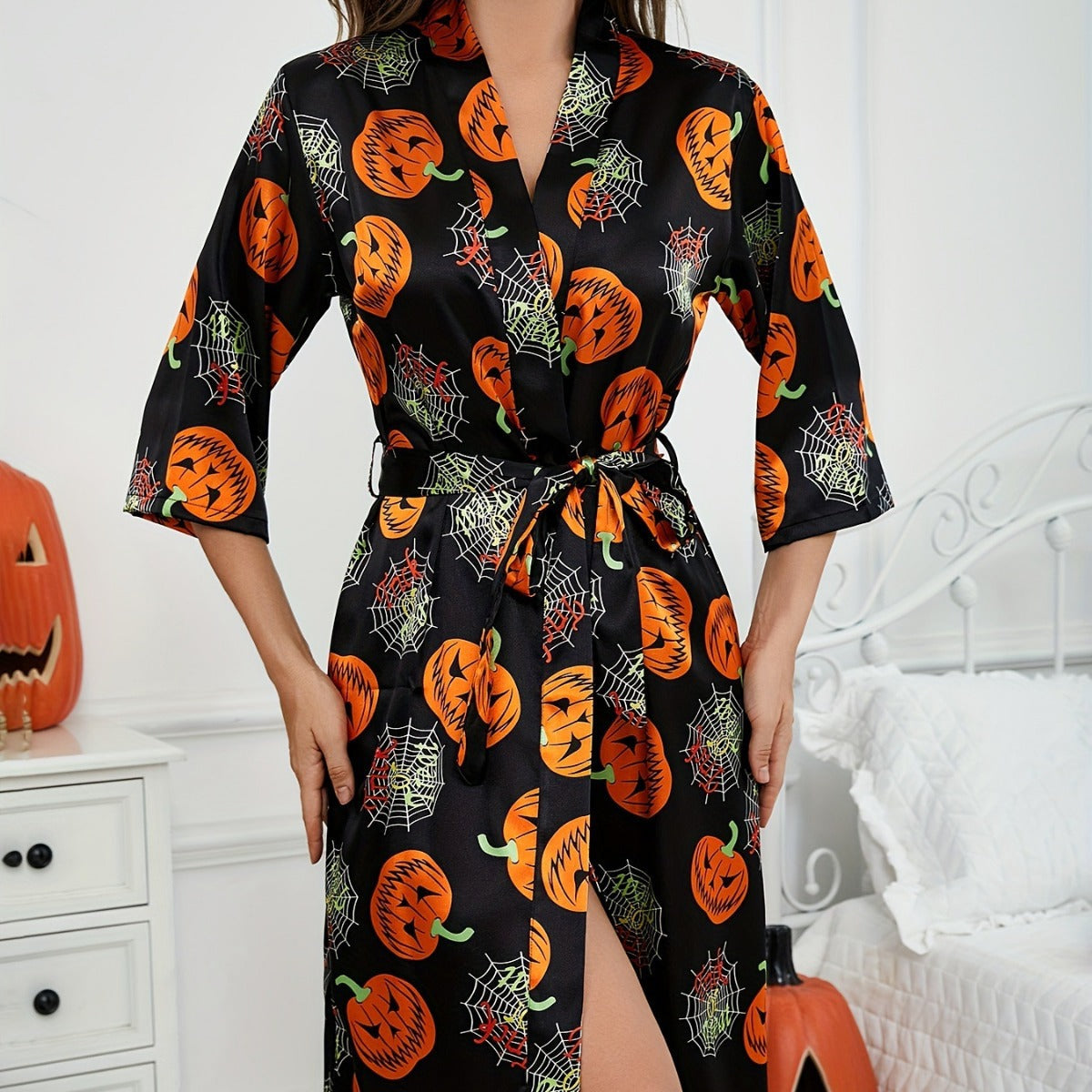 Martha Eleganter Kürbis Satin Robe Halloween Kostüm