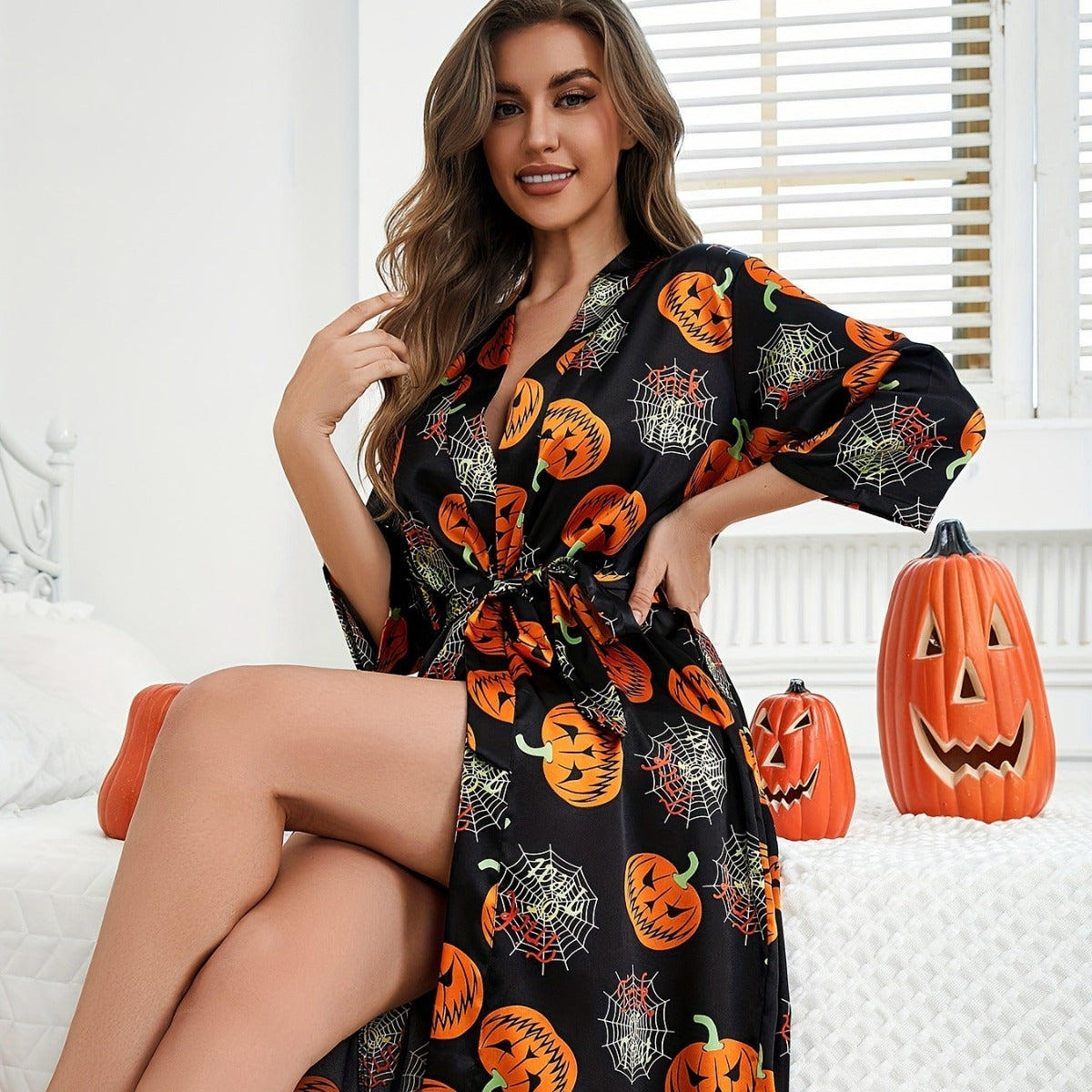 Martha Eleganter Kürbis Satin Robe Halloween Kostüm