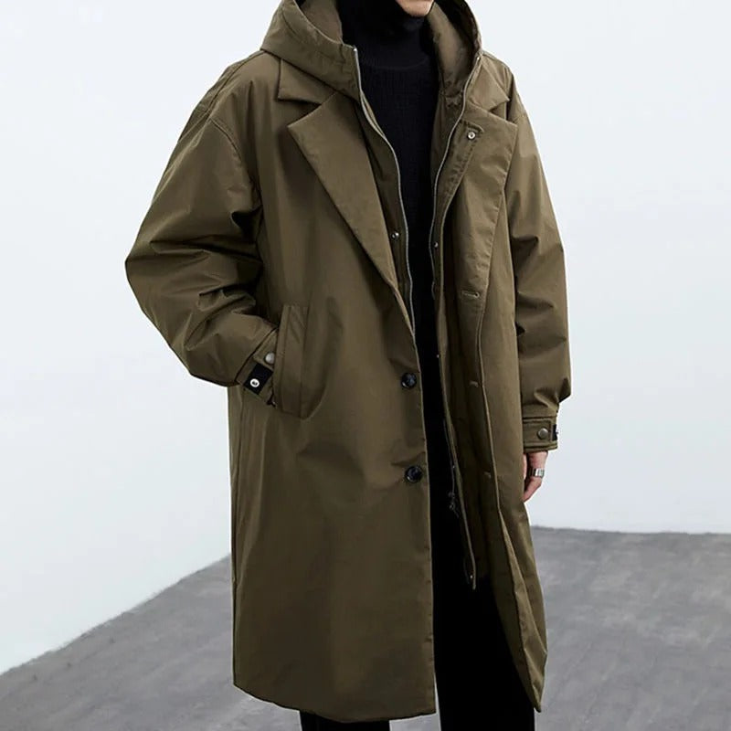 Herren langer wasserdichter Puffer-Trenchcoat mit Kapuze