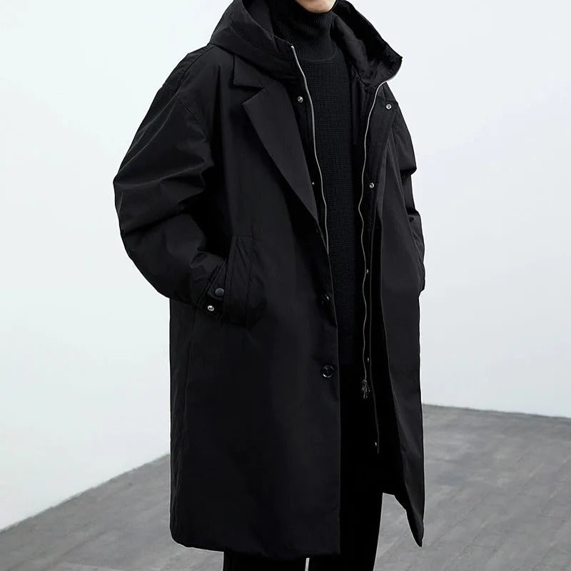 Herren langer wasserdichter Puffer-Trenchcoat mit Kapuze